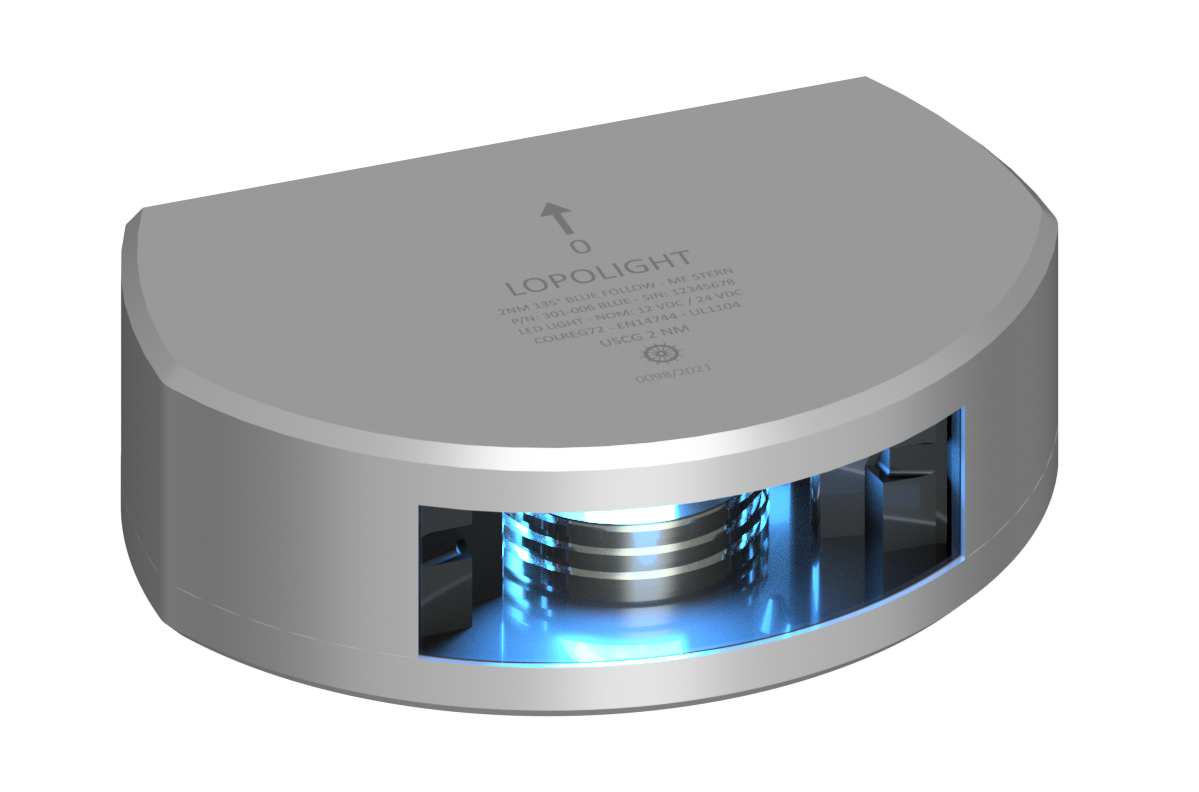 2nm 135° Blue follow-me stern, vert mnt, silver 2nm 135° Blue follow-me stern, vert mnt, silver